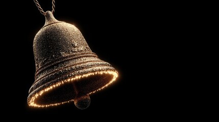 Close-up of a glittering bronze bell with sparkling lights against a dark background.