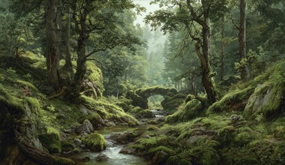 A tranquil forest scene featuring a mossy stone bridge over a clear stream