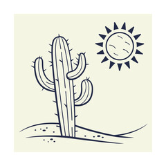 Line art desert scene with saguaro cactus and sun on cream background Keywords: desert, landscape, saguaro cactus, sun, desert plant, arid, dry