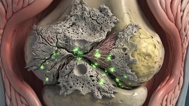 Medical illustration of breast cancer. Mammary gland with tumor. Ductal carcinoma in situ. Human breast anatomy with green markers. Diagnostic medical imaging. Cross-section view.