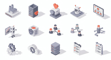 Comprehensive Set of Isometric Icons Depicting Business Operations, Digital Technology, Industrial Automation, Data Management, and Collaborative Workflows