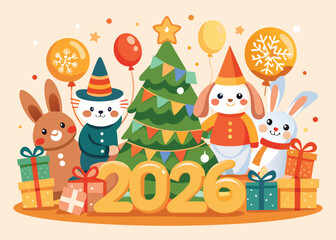 New year 2026 celebration with cute animals