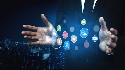 Set of business and digital service icons representing finance, cloud, analytics, email, communication, ecommerce, cybersecurity, and global connectivity in a modern ecosystem Vouch