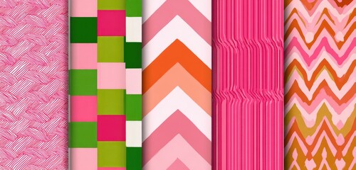 Fototapeta premium A vibrant mix of six different textile patterns in pink, green, and orange