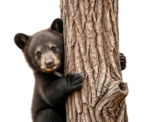 Black bear cub clinging to a tree trunk transparent background cutout png