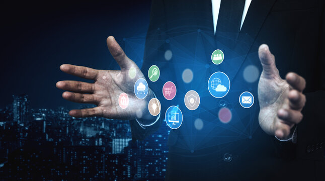 Set of business and digital service icons representing finance, cloud, analytics, email, communication, ecommerce, cybersecurity, and global connectivity in a modern ecosystem Vouch