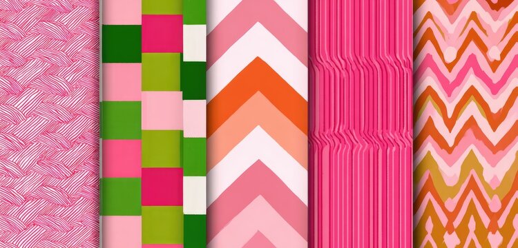 A vibrant mix of six different textile patterns in pink, green, and orange