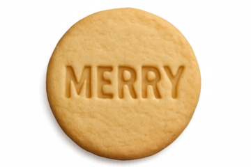 A round golden shortbread cookie with the word MERRY embossed on its surface, representing a festive holiday greeting and celebration in a minimalist top-down view