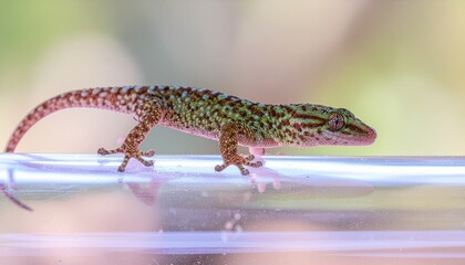 Naklejka premium A small green and brown gecko rests on a clear, cylindrical surface, showcasing its detailed scales.