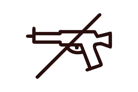 Red outline of a gun with a diagonal line through it on a black background weapon - Powered by Adobe