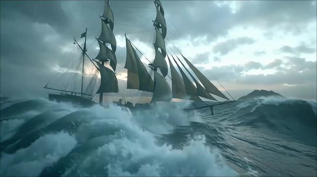 Dramatic sailing ship battling stormy seas, a vintage vessel navigating turbulent waters under moody sky, a historical maritime adventure