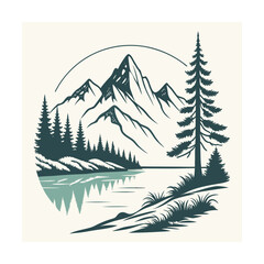 Majestic Mountain Range Reflected in Calm Lake with Pine Trees and Grass Keywords: mountain, lake, reflection, pine trees, evergreen, nature