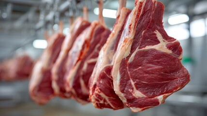 A hanging rack of meat with a variety of cuts