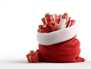Festive red sack filled with beautifully wrapped Christmas gifts on a white background.