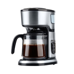 Modern electric coffee maker with glass pot filled with freshly brewed coffee on transparent background, showing home appliance, breakfast preparation, and kitchen convenience.