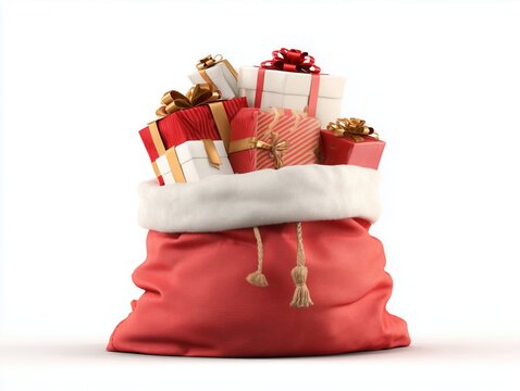 Festive red sack filled with beautifully wrapped Christmas gifts, showcasing holiday spirit and joy.