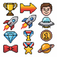 Retro 8-Bit Pixel Art Achievement, Space & Themed Icon Set