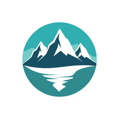 Minimalist logo of snow-capped mountains reflected in water within a teal circle
