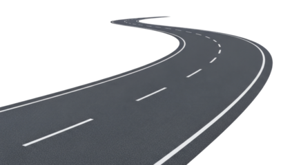 Curving asphalt road with white lines transparent background cutout png