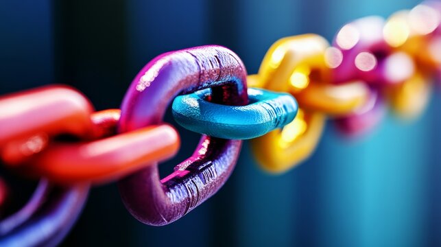 This image showcases a vibrant chain link design. Each link is uniquely colored, representing strength and connection. A striking visual for creative projects. Generative AI