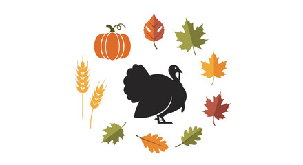 A Thanksgiving-themed illustration featuring a black turkey silhouette surrounded by autumn leaves, a pumpkin, and wheat stalks.