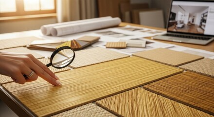Female hand examines wood samples with magnifying glass at desk in office setting, interior designer.