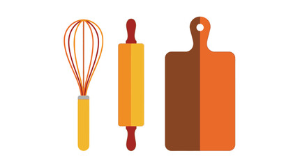 A whisk, a rolling pin, and a cutting board are displayed against a white background.