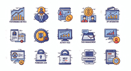 Comprehensive Business Management and Data Analytics Icon Set with Focus on User Experience, Digital Security, and Performance Metrics