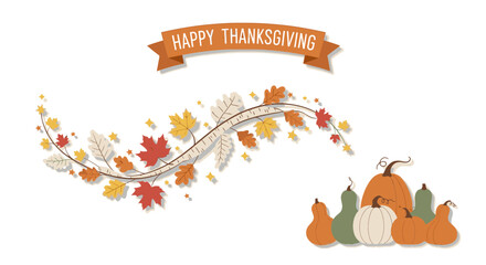 Happy Thanksgiving banner with autumn leaves and pumpkins illustration.