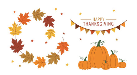 Obraz premium Happy Thanksgiving illustration with autumn leaves wreath and pumpkins.