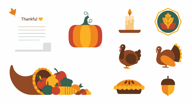 A collection of Thanksgiving-themed illustrations including a cornucopia, pumpkins, turkeys, pie, and autumn leaves.