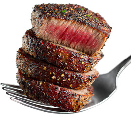 grilled steak slices on a fork isolated on transparent background
