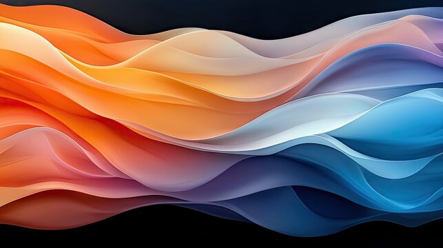 Abstract flowing waves of translucent fabric in a gradient of warm orange to cool blue, creating a sense of depth and movement.