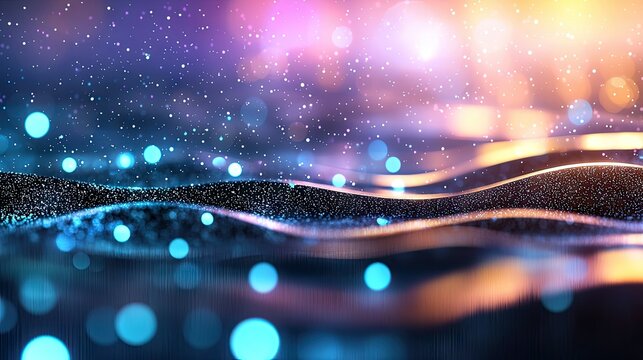An abstract, digitally rendered landscape with undulating dark surfaces covered in glittering particles. Bright blue and pink bokeh lights are scattered through