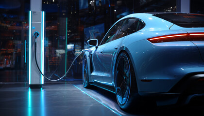 Sleek electric car charging at a futuristic station, embodying sustainable transportation and modern design, perfect for automotive innovation and clean energy campaigns