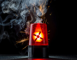 bright red emergency flare glowing in darkness, smoke and sparks rising