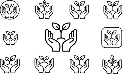 Hands Holding Sprout Seedling Icons Set plant growth