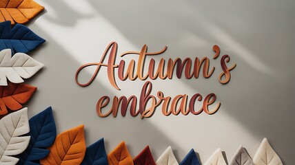 Autumn leaves and text " Autumn's embrace" with shadow play fall foliage