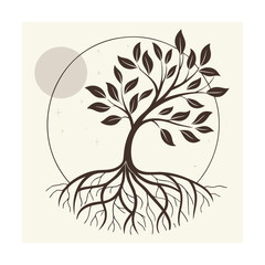 Minimalist Tree of Life with Roots Sun and Circle Emblem Keywords: tree of life, roots, branches, leaves, sun, circle, emblem, symbol, growth