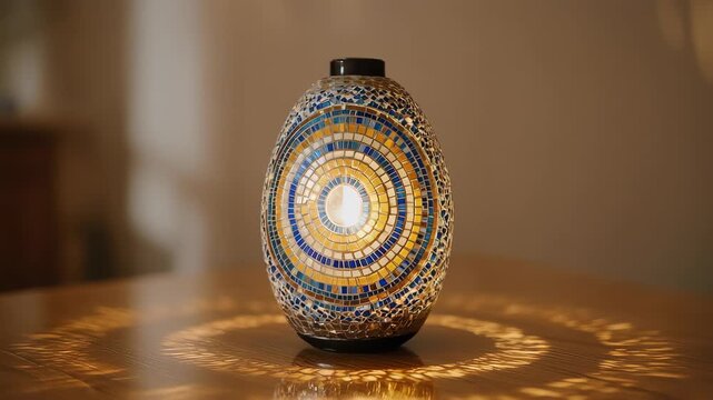 An egg-shaped mosaic lamp glows, casting light patterns