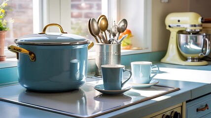 Bright Kitchen Countertop with Blue Stockpot, Mugs, and Kitchen Mixer cooking food