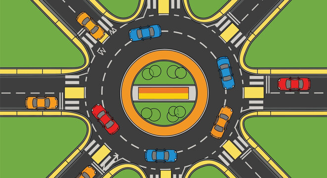 Illustrated cars navigating roundabout intersection safely and efficiently