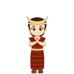 polite 3D girl character wearing traditional NTT woven attire with headpiece, greeting respectfully, suitable for cultural visuals, children’s content, education, and creative design uses.