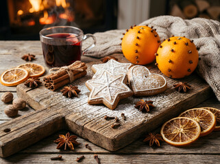 cozy festive still-life, gingerbread cookies, cinnamon sticks, oranges with cloves
