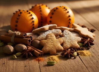 cozy festive still-life, gingerbread cookies, cinnamon sticks, oranges with cloves