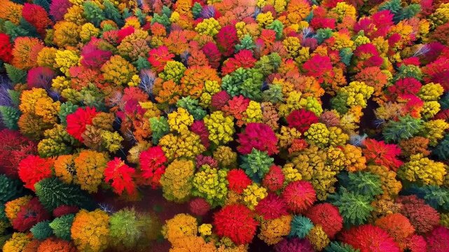 Aerial view showcases a vibrant forest during autumn. Various tree types display shades of red, yellow, orange and green