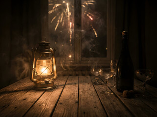 dark cozy New Year night scene, old wooden table, vintage lantern glow, champagne bottle