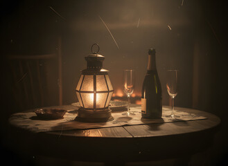 dark cozy New Year night scene, old wooden table, vintage lantern glow, champagne bottle