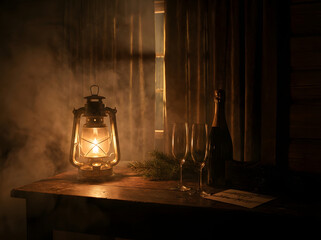 dark cozy New Year night scene, old wooden table, vintage lantern glow, champagne bottle