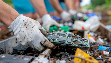 Hands in gloves sort through e-waste, picking up a circuit board for recycling.